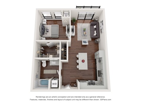 Floor plan for 1 bed, 1 bath, 725 sqft